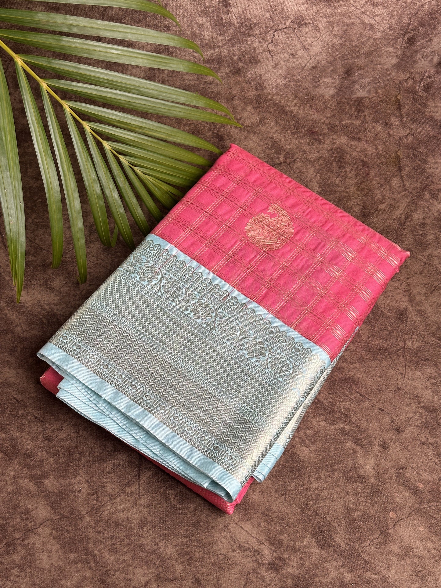 Strawberry Pink Checked Semi-Silk Saree with Gold Zari and Sky Blue Border Saree