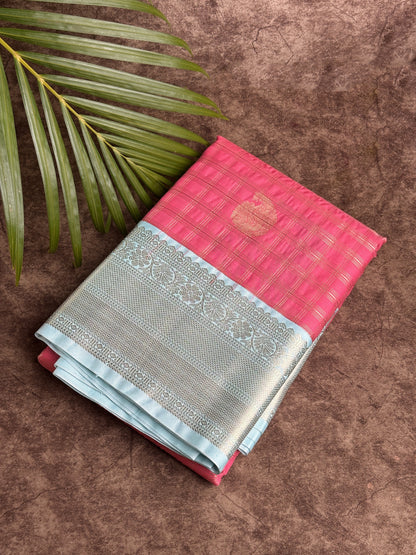 Strawberry Pink Checked Semi-Silk Saree with Gold Zari and Sky Blue Border Saree