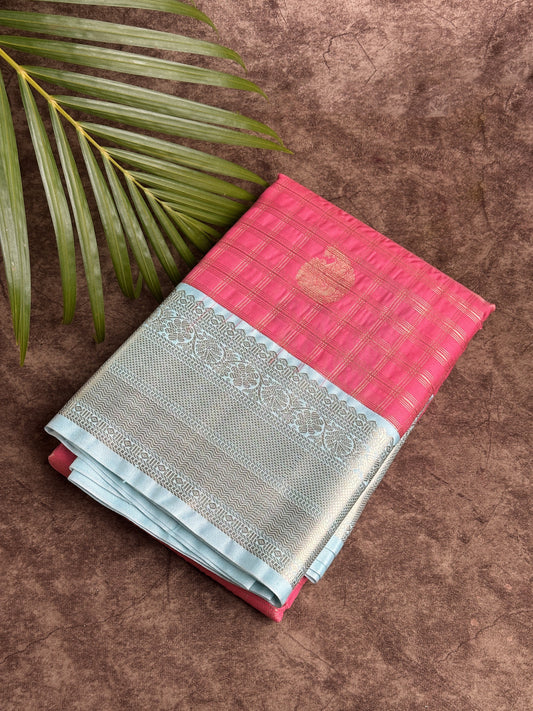 Strawberry Pink Checked Semi-Silk Saree with Gold Zari and Sky Blue Border Saree
