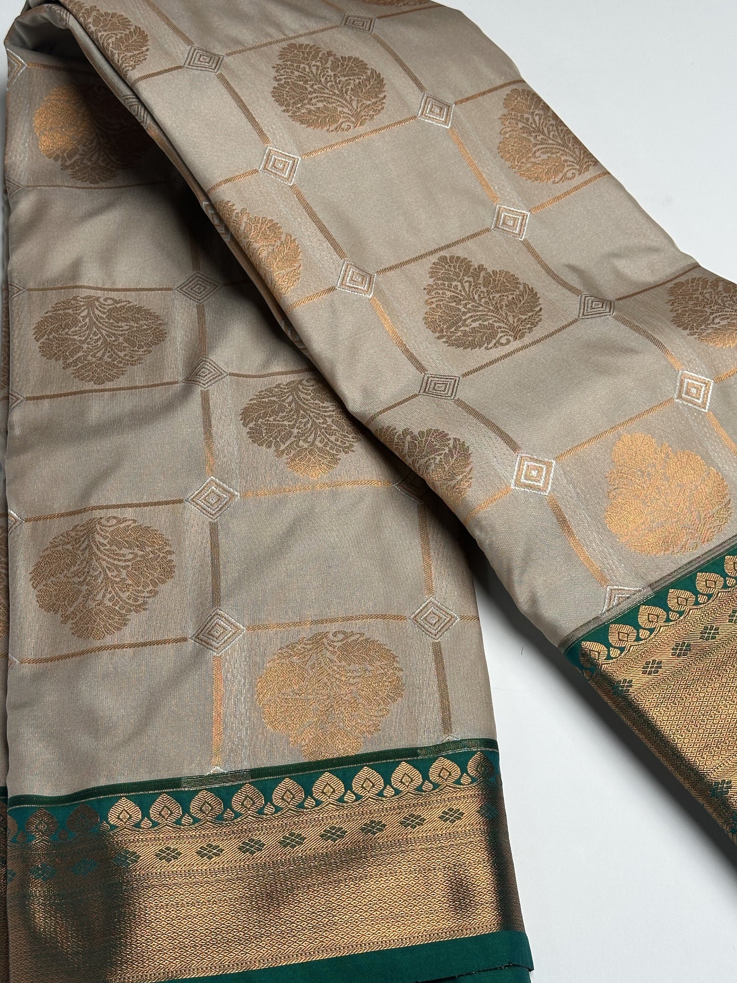 Teakwood Grey Checked Semi-Silk Saree with Copper Zari and Floral Design