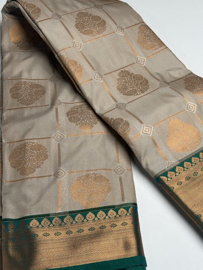 Teakwood Grey Checked Semi-Silk Saree with Copper Zari and Floral Design