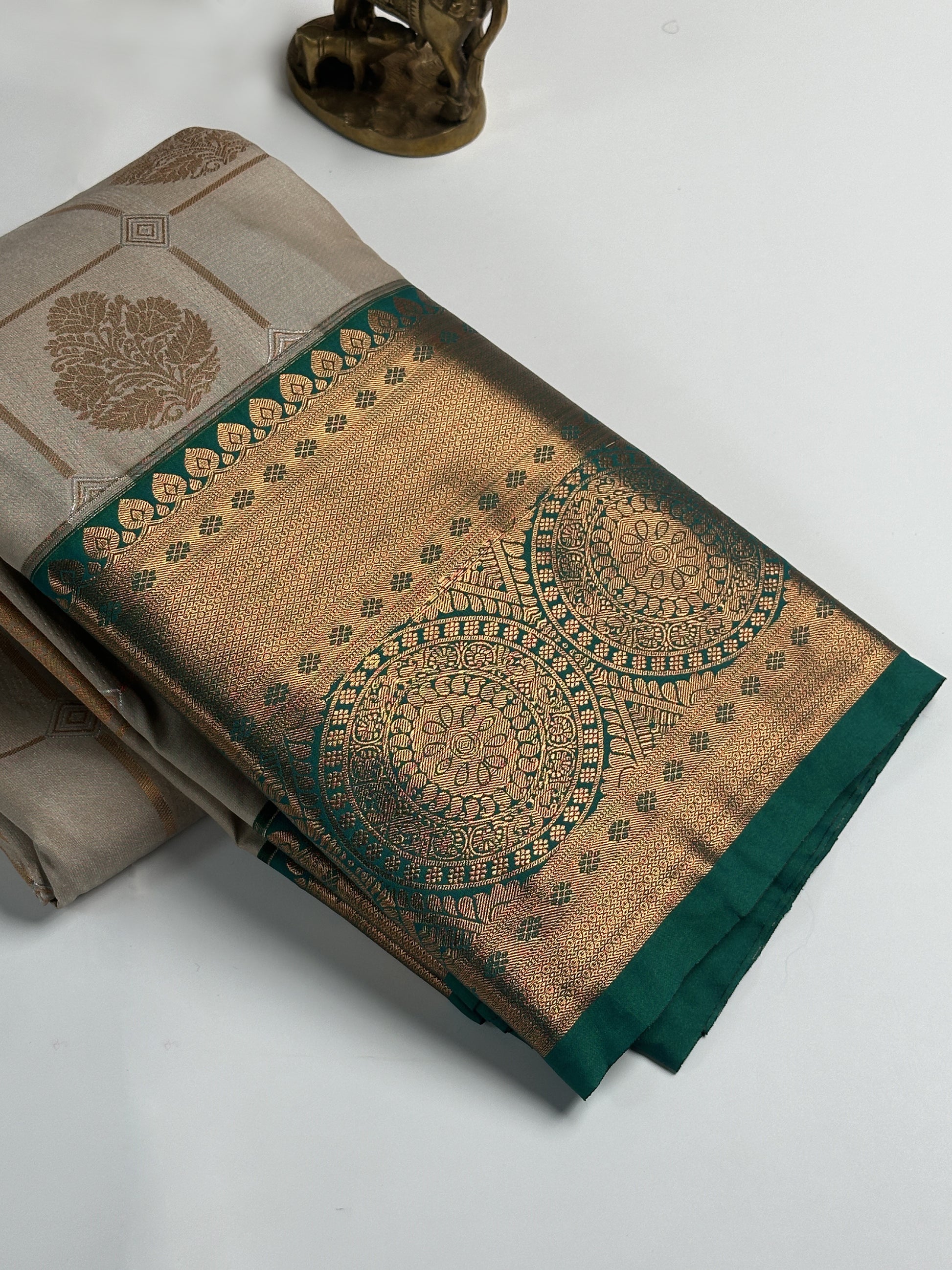 Teakwood Grey Checked Semi-Silk Saree with Copper Zari and Floral Design border