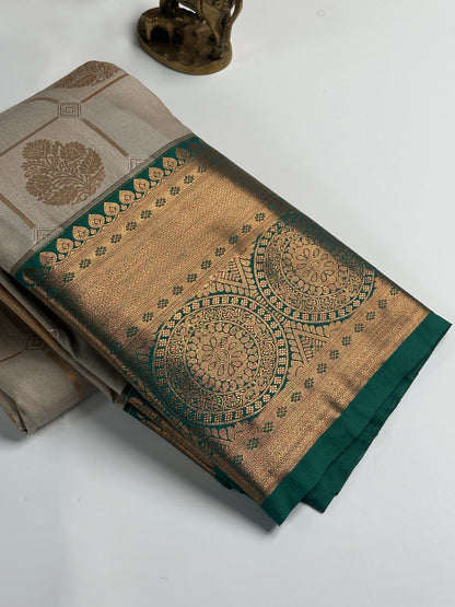 Teakwood Grey Checked Semi-Silk Saree with Copper Zari and Floral Design border