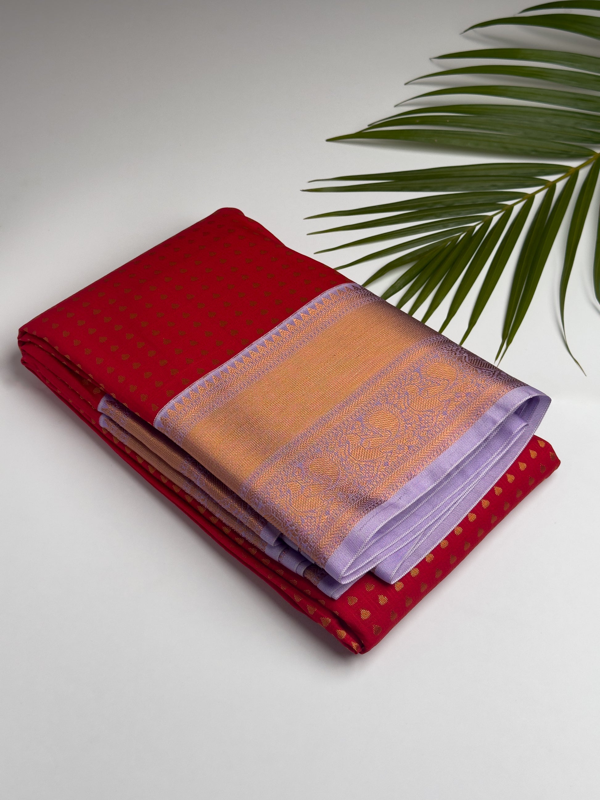 Thousand Butta Red Semi Silk Saree with Lavender Copper Zari Border saree