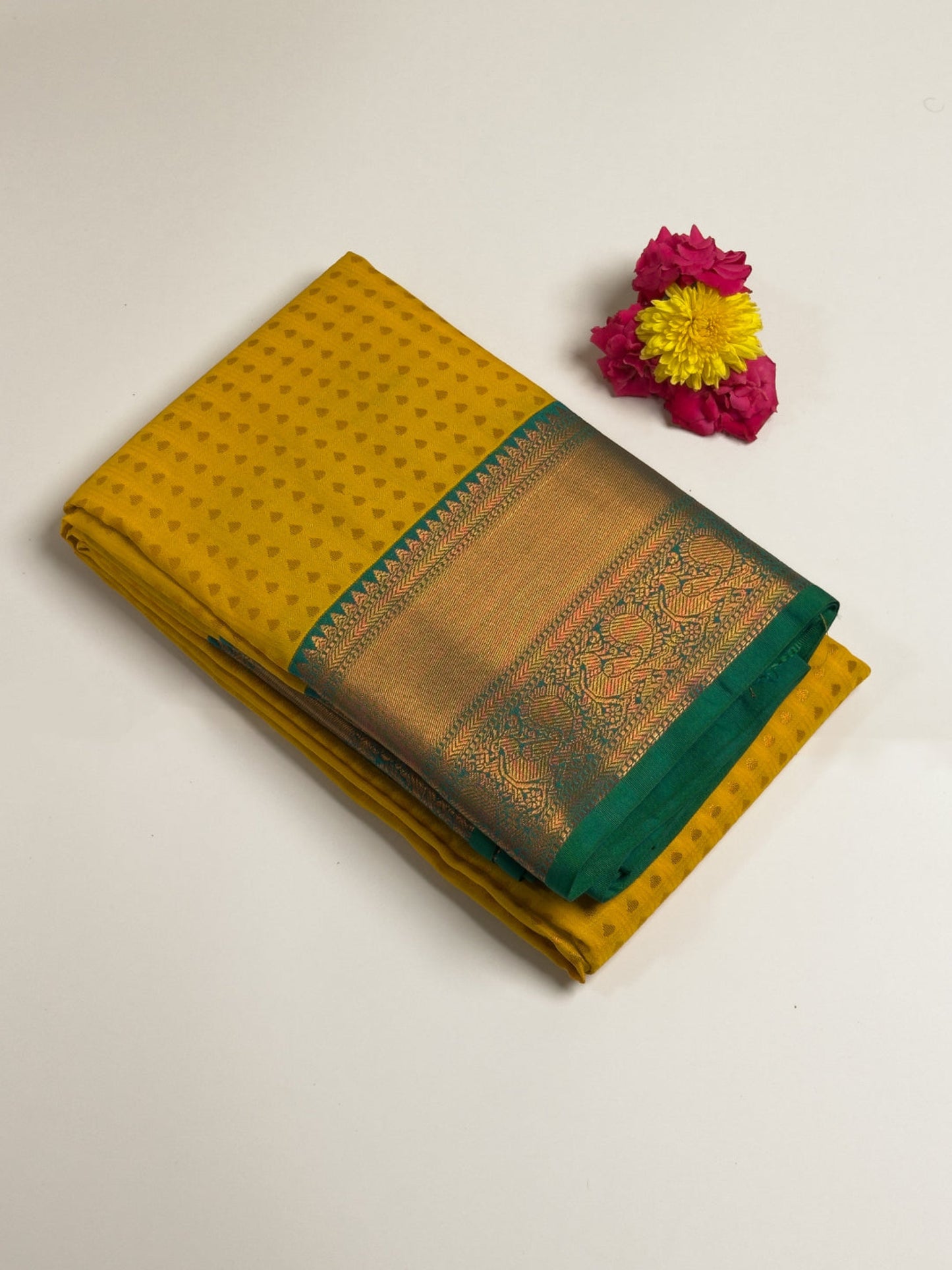 Thousand Butta Yellow Semi Kanchi Semi Silk Saree with Green Copper Zari Border Saree