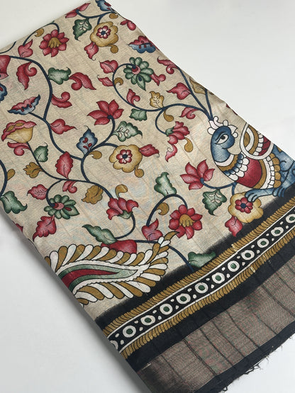 White Chocolate with Black Border Kalamkari Saree