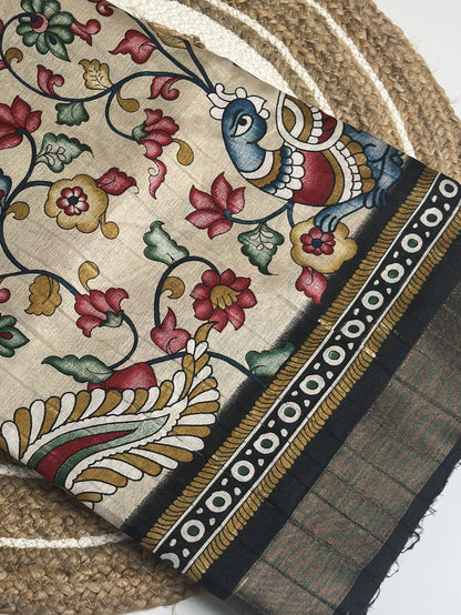 White Chocolate with Black Border Kalamkari Sarees