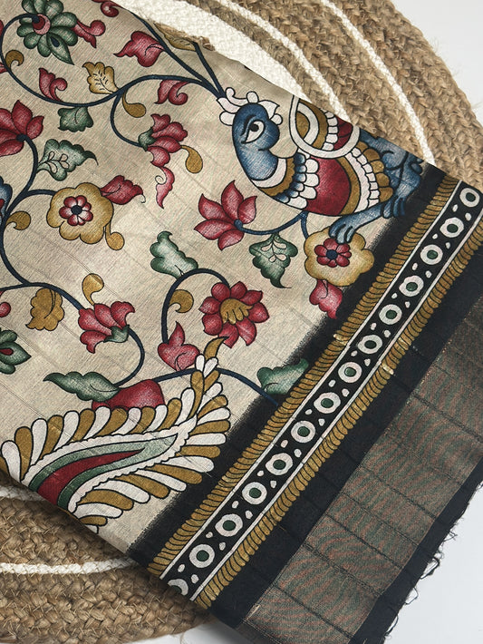 White Chocolate with Black Border Kalamkari Sarees