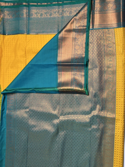 Thousand Butta Yellow Semi Kanchi Semi Silk Saree with Green Copper Zari Border